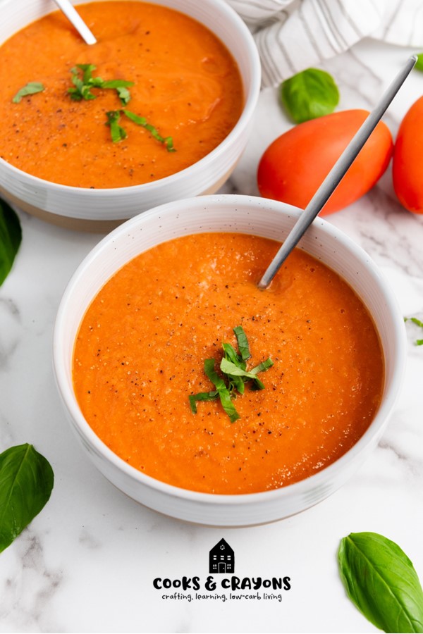 Enjoy a bowl of our Vegan Keto Tomato Soup, made with fresh tomatoes and high protein bone broth. This low-carb, dairy-free recipe is a keto diet must-try!