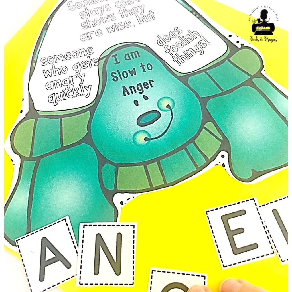 The "Slow to Anger" craft uses the image of a turtle to teach children the importance of slowing down when they feel angry. The printable allows kids to write down personal strategies that help them calm down when they’re upset. 