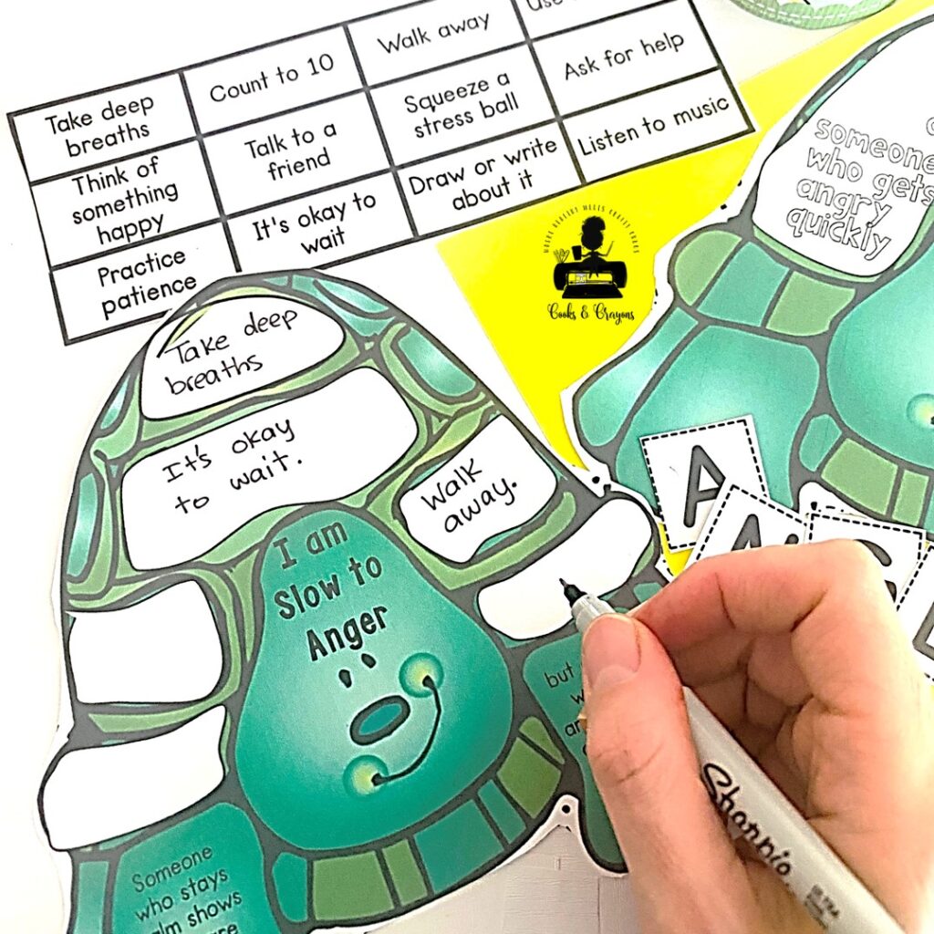 The "Slow to Anger" craft uses the image of a turtle to teach children the importance of slowing down when they feel angry. The printable allows kids to write down personal strategies that help them calm down when they’re upset. 